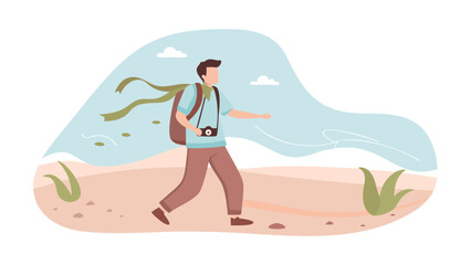 A man with a backpack and camera is walking on a path with plants and a windy background illustration
