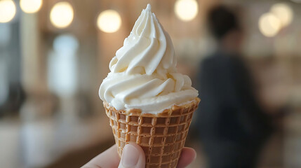 A close up of a hand holding a vanilla soft serve ice cream cone in a blurred indoor setting