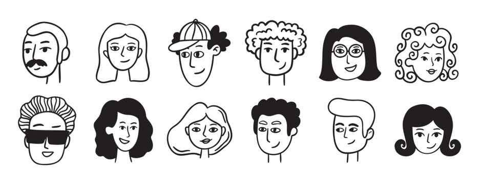 people avatars for social media, website doodle hand drawn icon set. Outline drawing trendy portraits girls and guys line clipart symbol collection. 