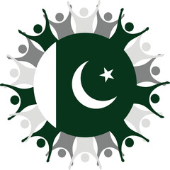 A striking design featuring the Pakistani flag at the center, surrounded by silhouettes of diverse people with outstretched arms.