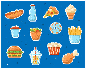 Set of 8 pixel fast food stickers. Pixel food symbols pack.  Fast food badges in retro 8 bit style from the 90s. Vector illustration