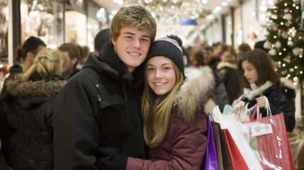 Fototapeta premium Holiday shopping adventure mall couple festive environment close-up view togetherness and joy