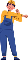 Cheerful Construction Worker Stretching Arms, Ready for Work, Smiling Contentedly.