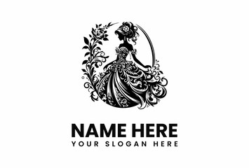 Elegant Silhouette of a Woman in Ornate Gown with Floral Accents.