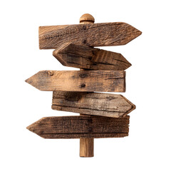 Rustic wooden directional signpost with multiple weathered arrow pointers indicating different directions isolated on transparent background