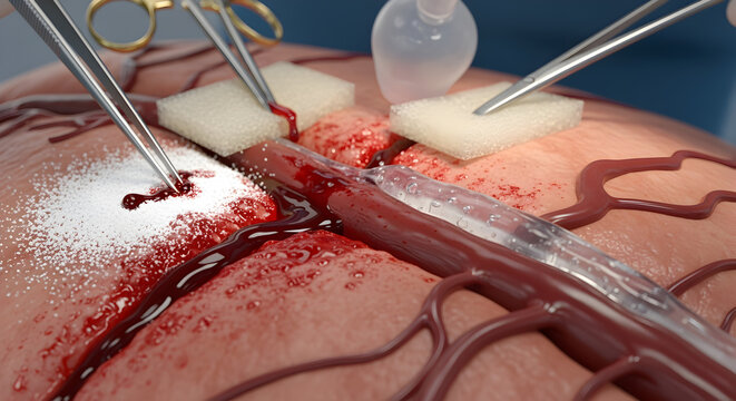 Close-up of Advanced Vascular Surgery: Medical Procedure on a Blood Vessel with Surgical Instruments and Blood - Powered by Adobe