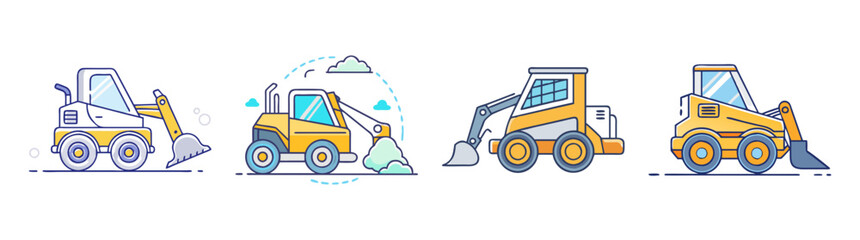 Four uniquely designed cartoon skid steer loaders with colorful elements