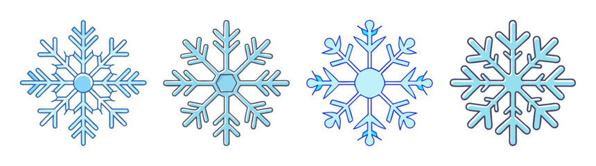 Fototapeta premium Four beautiful light blue snowflakes with various intricate patterns and designs