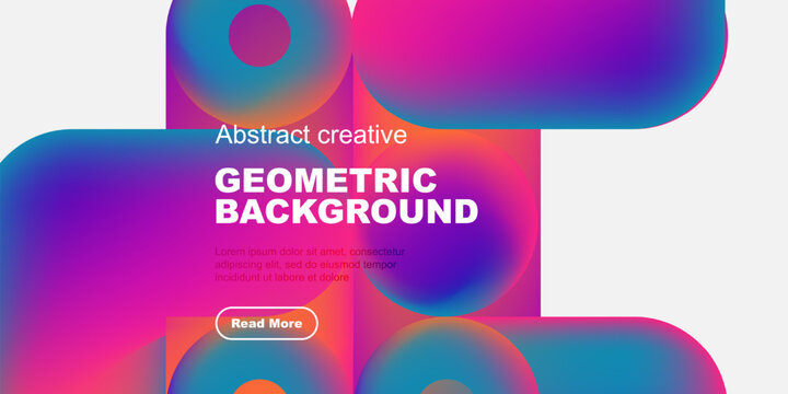 Vibrant abstract shapes overlap black background. Text promotes geometric design, includes call to action button. Modern, colorful composition.