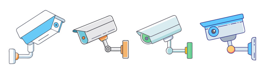 Cartoon CCTV Camera Set Offering Surveillance and Security Monitoring Solutions