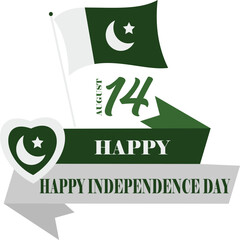 A festive design celebrating Pakistan's Independence Day, featuring a green flag, the date "14th," and the phrase "Happy Independence Day" in a bold and cheerful font.