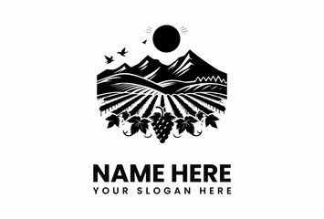 Elegant Vineyard Logo Depicting Grapes Mountains Birds and Sun in Silhouette.