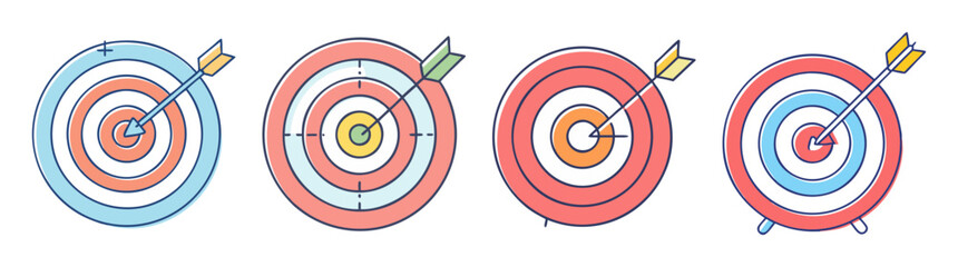 Set of four cartoonstyle target illustrations with arrows hitting the bullseye © Saedul
