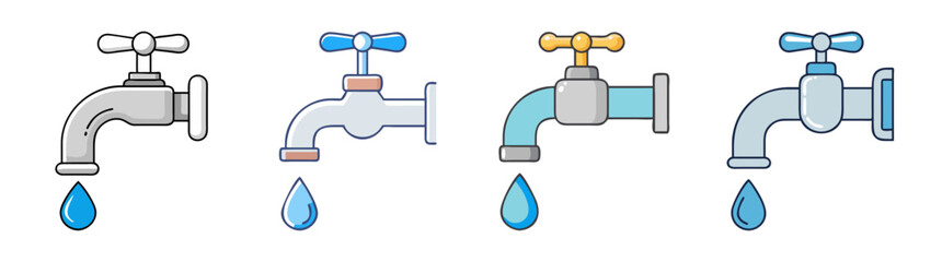 Four cartoon water taps dripping with different colors and styles shown here