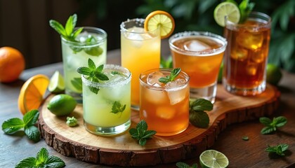 Assortment of vibrant cocktails garnished with mint, citrus slices. Refreshing cold beverages in glassware, featuring lemonade, iced tea, citrus drinks with ice. Perfect for summer parties, bar