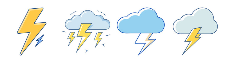 Cartoon illustration of lightning bolts and storm clouds on a white background
