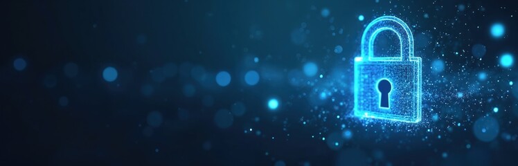 Futuristic digital padlock symbol on abstract blue background. Concept for cybersecurity, data protection, business privacy, internet network security technology. Ideal for banners, headers with copy
