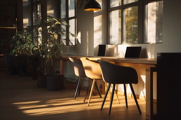 Fototapeta premium Empty Modern Office Interior With Wooden Desk And Empty Chairs With Natural Light