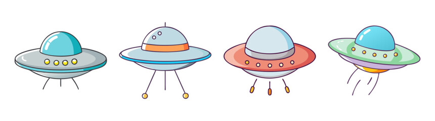 Collection of Cartoon UFOs in Various Styles and Colors for Creative Illustration
