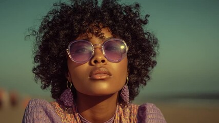 Close-up portrait of a woman with curly hair, wearing purple sunglasses and a patterned top, outdoors