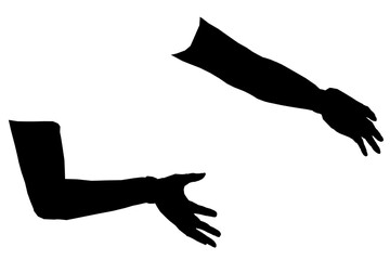 Two black silhouette hands wearing gloves reach toward each other against a clean white background. The composition conveys connection and human interaction through simple yet powerful contrast.