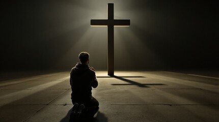 a man praying in front of the cross