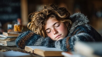 Tired student finding solace while resting head on books in comfort