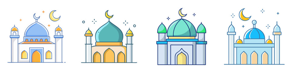 Cartoon Vector Set of Mosques with Crescent Moons and Stars in Blue Colors