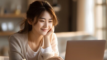 Young Asian woman working from home with modern laptop and empty space for text, natural daylight in cozy living room.