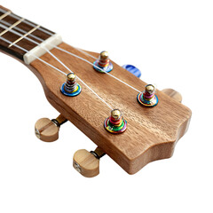 Close up of a ukulele headstock with tuning pegs and strings isolated on transparent background