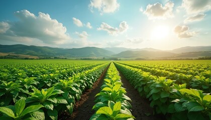 Vast green field of peanut plants under bright summer sky with fluffy clouds. Rows of crops stretch towards rolling hills in distance. Sun shines warmly, illuminating fertile farmland, rich