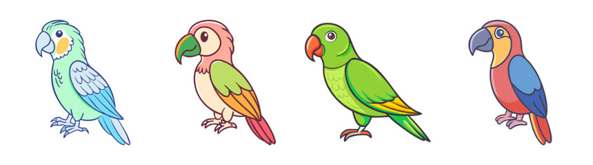 Four Colorful Cartoon Parrot Illustrations Set Against a White Background