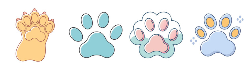 Cute cartoon colorful paw prints of various animals in a vector format