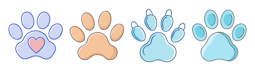 Various cartoon paw print illustrations with different color schemes on white background