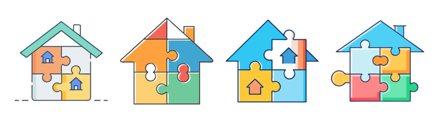 Colorful puzzle houses showing partnership and collaboration in building homes together