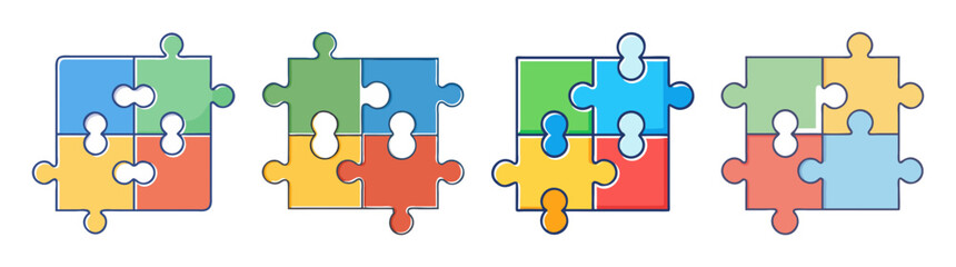 Four Colorful Interlocking Jigsaw Puzzles Illustrating Teamwork, Connection, and Problem Solving