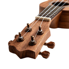 Close up of a wooden ukulele headstock with tuning pegs and strings isolated on transparent background