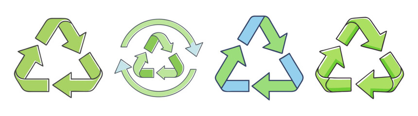 Obraz premium Cartoon illustration depicting different variations of the universal recycling symbol, sustainability