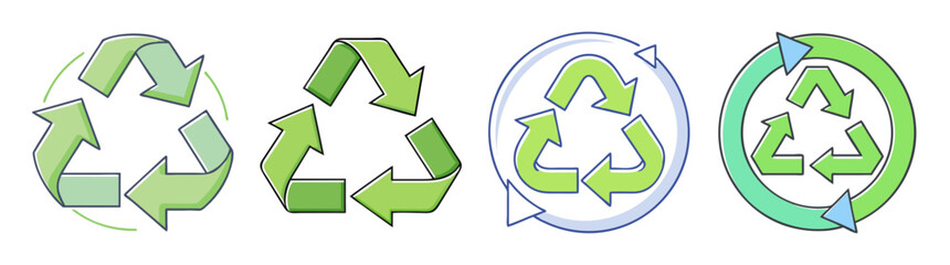Four variations of the classic recycling symbol promoting environmental conservation