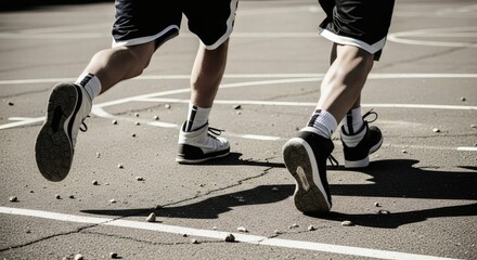 Fototapeta premium Low Angle Dynamic Two Athletes Running on Asphalt Basketball Court