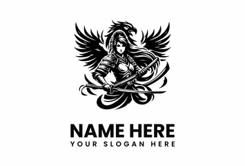 Fierce Warrior Woman with Sword and Phoenixlike Wings Emblem.