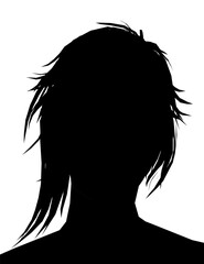 A striking black and white silhouette of a long-haired man stands boldly against a clean white background. The minimalist composition highlights strong contrasts and elegant simplicity.