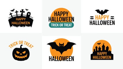 Six Halloween Graphics Graveyard, Pumpkin, Bats, Castle, and Happy Halloween Message, Isolated on White