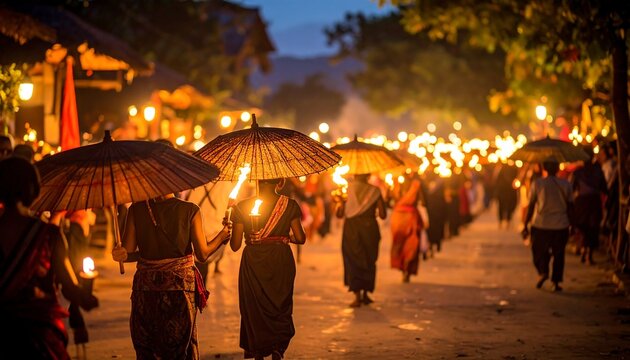 Nighttime Procession With Lit Torches And Straw Umbrellas