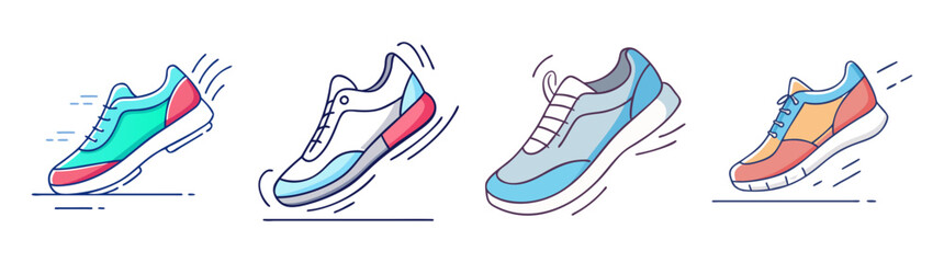 Colorful Cartoon Sneakers Showcase Different Styles and Designs Running with Dynamic Movement