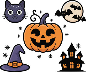 Cute Halloween Elements Vector Set – Cat, Pumpkin, Moon, Haunted House, Witch Hat
