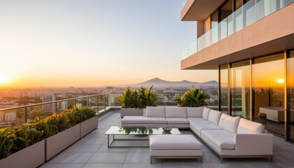 Fototapeta premium Sunset lounge experience on a rooftop in urban setting with contemporary furniture relaxing atmosphere scenic views