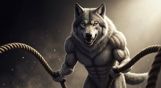 Dynamic muscle wolf cartoon illustration showcasing a powerful, anthropomorphic creature with intense, glowing eyes and a ripped physique, gripping heavy ropes for a strength workout.