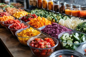 Obraz premium A colorful taco bar with various toppings and salsas. Celebratory gatherings. Fun food. Interactive dining experience