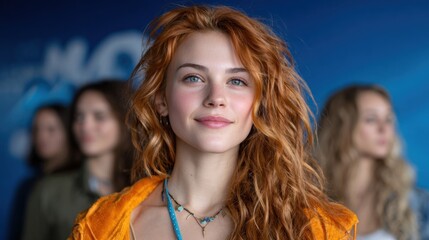 young woman with curly red hair is smiling confidently at a gathering, surrounded by a group of friends. vibrant blue background adds a lively feel to the atmosphere